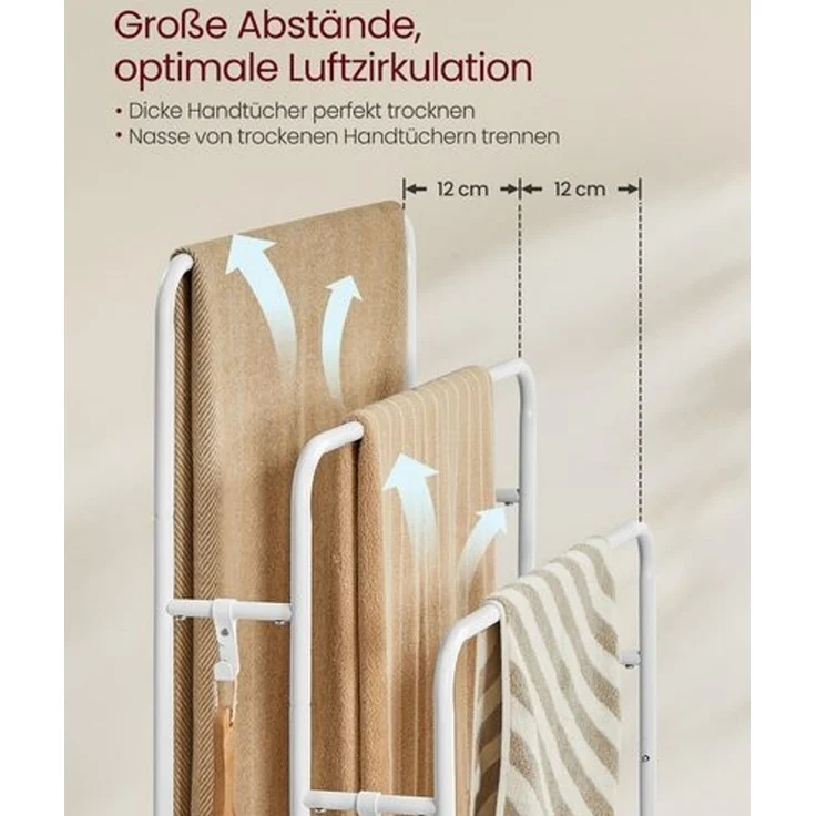 VASAGLE Handtuchhalter, stehend, Handtuchständer 3 Stangen, 70 x 30 x 100 cm, 2 Haken, Ablage, für Decke, Badetücher, wolkenweiß-naturbeige LLS019W01 – Bild 4