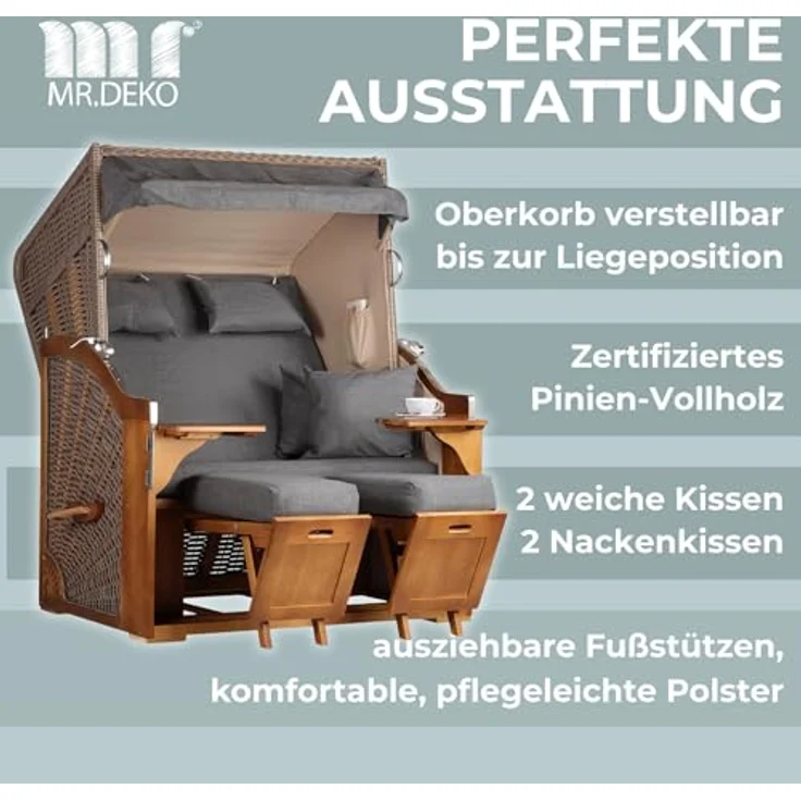 MR. DEKO Strandkorb 2-Sitzer Schleswig Pinie Braun PE Mokka, aufgebaut geliefert, BxTxH: 120x80x160 cm, 2-Sitzer, Schleswig, (Zweisitzer Strandkorb mit Bistrotischen & Fußstützen), Bereits montiert, UV-beständig, Volllieger & Edelstahl-Beschläge – Bild 5