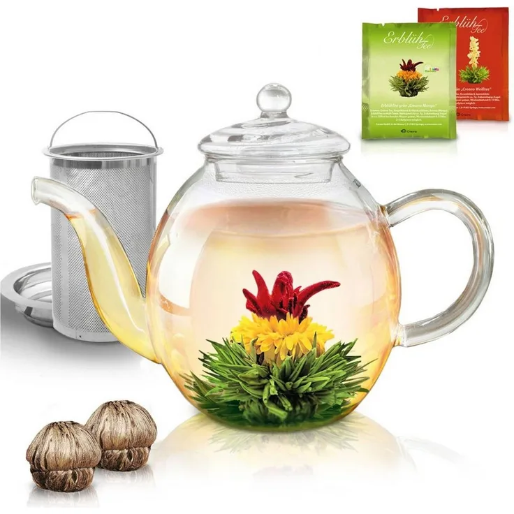 Creano Teekanne Teekanne aus Glas 1,0l - 2 Teeblumen - mit Edelstahl-Sieb und Deckel