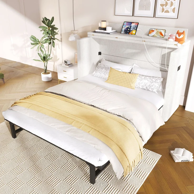 Schrankbett, 140 x 200, Mit einer Schublade,Mobiles Schrankbett mit Ablagefach am Bett, mit USB- und Typ-C-Anschlüssen, Umbaubares Plattformbett, Ohne Matratze,Leinen, Beige – Bild 4
