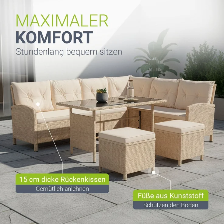 Juskys Polyrattan Lounge Manacor creme – Gartenlounge mit Sofa, Tisch, 2 Hocker & Kissen, inkl. Abdeckung – Gartenmöbel Set bis 8 Personen – Sitzbezüge in Sand – Bild 5