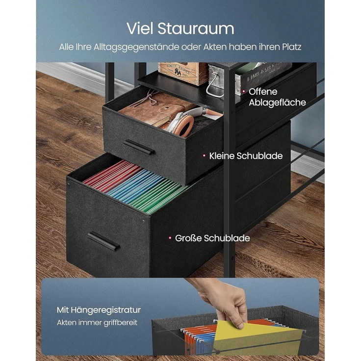 VASAGLE Schreibtisch mit Stoff-Schubladen, Computertisch mit Monitorständer, LED-Beleuchtung, 55 x 135 x 90 cm, eingebaute Steckdosen, 2 USB-A-Anschlüsse, für Homeoffice, ebenholzschwarz LWD094B56 – Bild 6