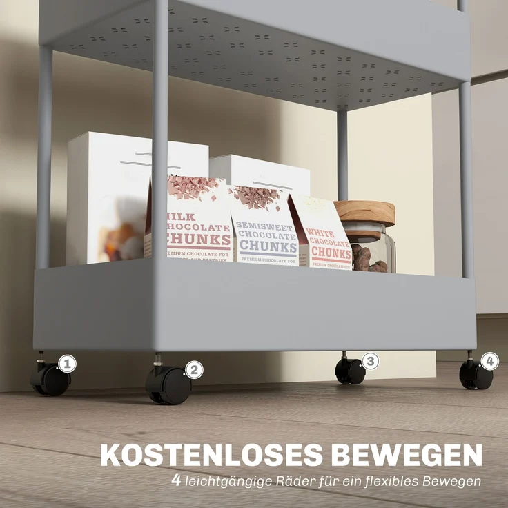 Küchenwagen mit 4 Regalen, 4 flexiblen Haken, 4 Rollen, 40 cm x 19 cm x 90 cm, Nischenwagen, Grau--Grau--40x19x90cm--YOUDENOVA – Bild 7