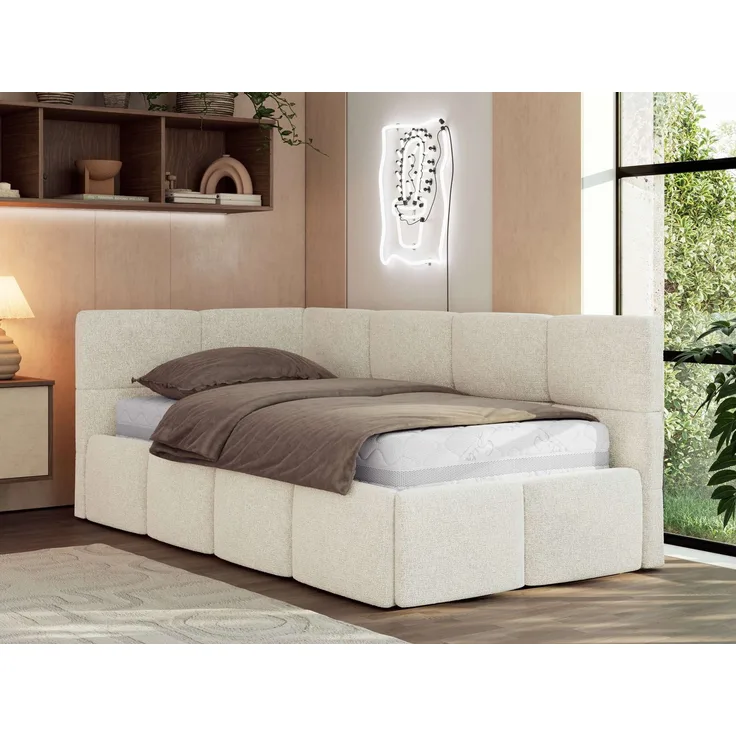 Jugendbett 90x200 ARVO Polsterbett mit Bettkasten, Stauraum & Gasdruckfeder, Modernes Design mit Kopfteil, Multipocket Matratze - Creme Strukture - ELORI LUX - Links Seite