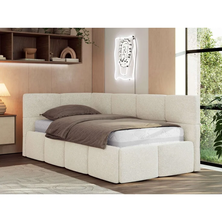 Jugendbett 90x200 ARVO Polsterbett mit Bettkasten, Stauraum & Gasdruckfeder, Modernes Design mit Kopfteil, Multipocket Matratze - Creme Strukture - ELORI LUX - Links Seite – Bild 1