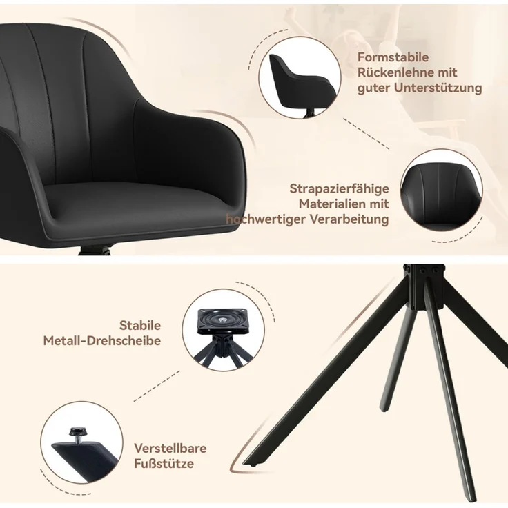 Hawthyhome 4-Fußstuhl Esszimmerstuhl drehbar mit Armlehne, 360° Drehfunktion, stabiles schwarzes Metallgestell, moderner Küchenstuhl für Esszimmer, Wohnzimmer, Büro & Homeoffice, Schwarz – Bild 5