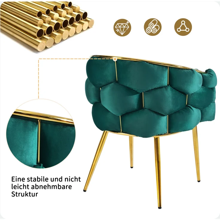 Eleganter Samtstuhl Grün mit goldenem Rückengestell mit ergonomischer Rückenlehne, verstellbaren Metallbeinen – Bild 3