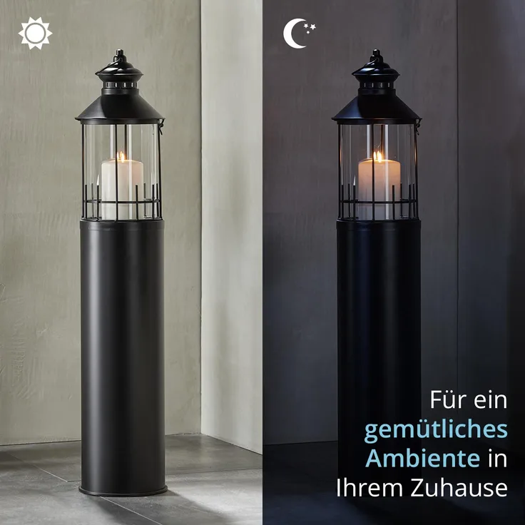 KHG Laterne Leuchtturm 99 cm aus Metall/Glas in schwarz, Kerzenständer, Kerzenhalter, Outdoor und Indoor, Deko, Glaseinsatz, für Wohnzimmer, Balkon, Terrasse, Garten usw.