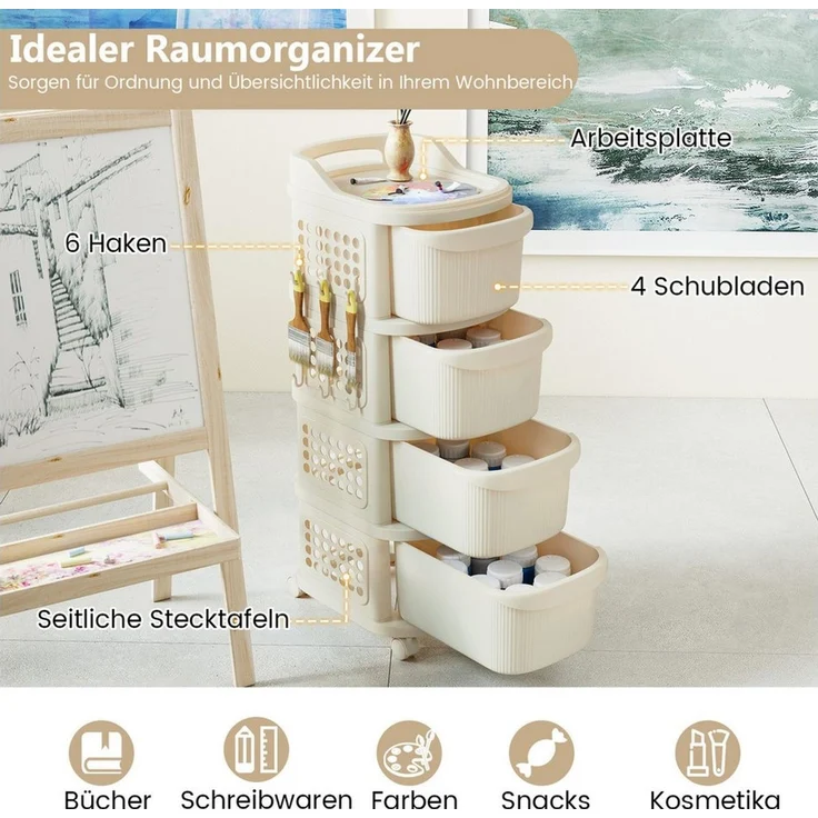 COSTWAY Rollwagen, Nischenschrank schmal auf Rollen 4 Schubladen Weiß – Bild 2