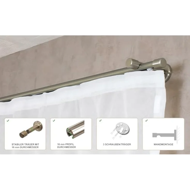 iso-design Gardinenstange Innenlauf 16 mm Farbe Edelstahl Wandabstand 7 cm, Ø 16 mm, 1-läufig, Fixmaß, mit Bohren, Aluminium – Bild 3