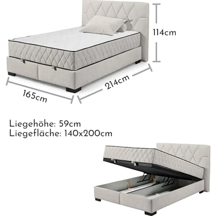 NAGOL B Boxbett 140x200, Sand - Bequemes Bett mit Bettkasten und Premium 9-Zonen-Federkern Wendematratze - 165 x 114 x 214 cm (B/H/T) – Bild 4