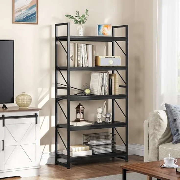 YITAHOME Bücherregal mit 5 Ebenen, Großes Standregal, Holzregal und Metallrahmen, Industrieregal, Bodenstehendes Lagerregal, für Wohnzimmer, Home Office, Schwarz Regal – Bild 4