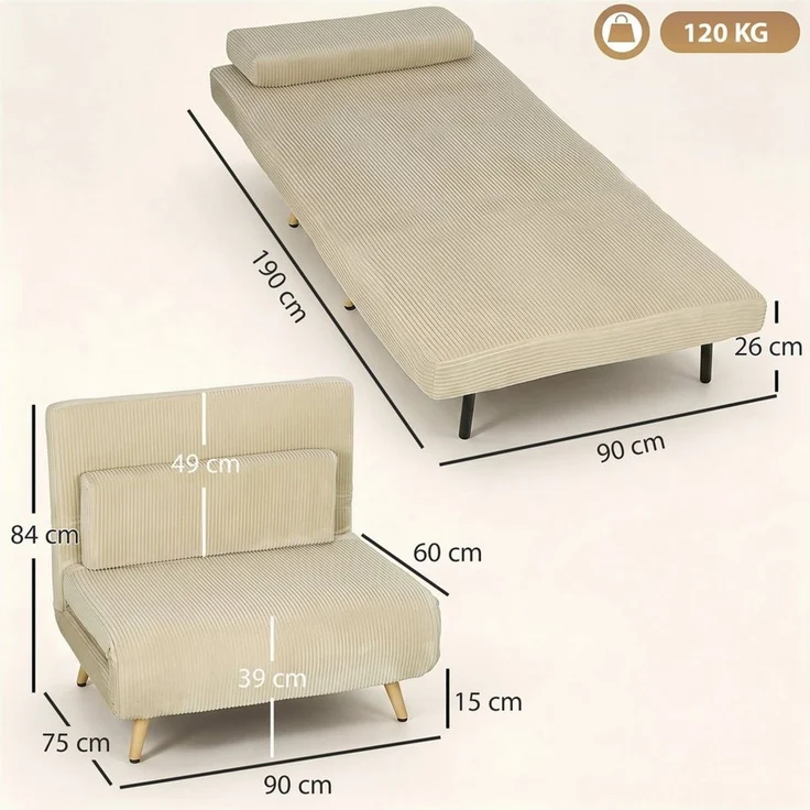 HOMCOM Schlafsofa Schlafsessel 3 in 1 mit Bettfunktion, Verstellbarer Rückenlehne, Set 1 Teile, 3-in-1, Click-Clack, Rückenlehne 6-fach – Bild 3