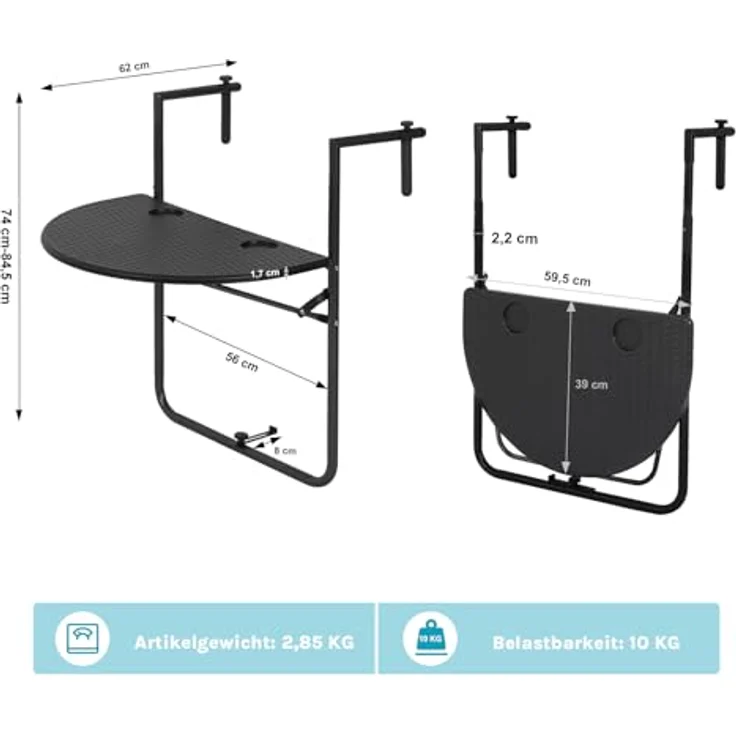 WOLTU Balkonhängetisch, Balkontisch zum Hängen, Hängetisch klappbar Beistelltisch Gartentisch, Klapptisch mit 3 Höhen, 2 Tassenhalterungen, in Rattan-Optik, 59,5x39 cm Schwarz – Bild 3