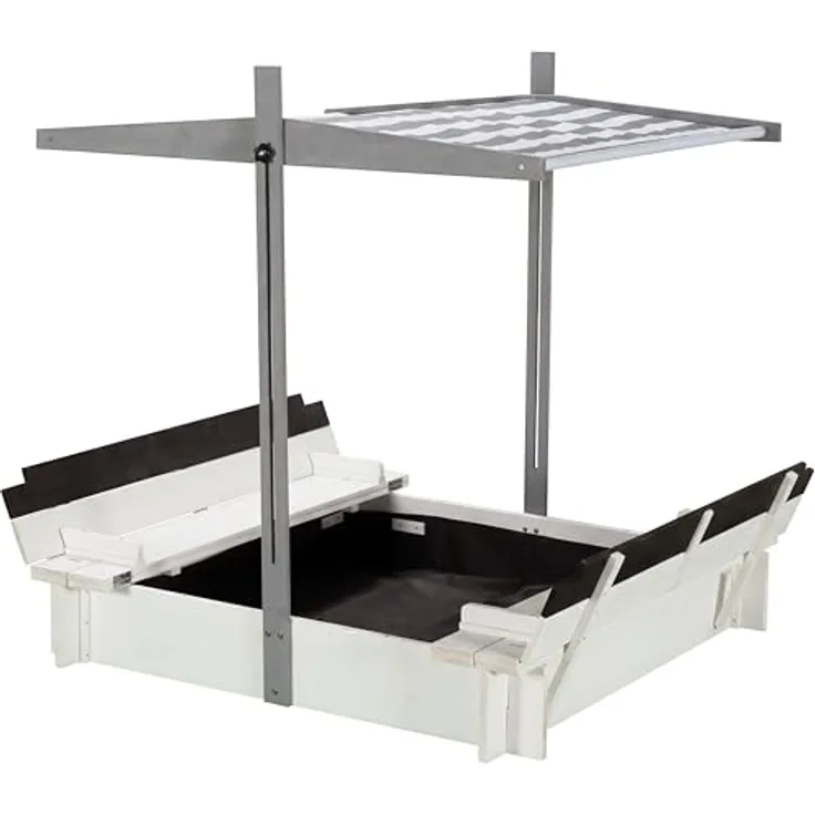 WONDERMAKE Sandkasten quadratisch 120x120 cm mit Abdeckung, Dach, Deckel, Sitzbank und Bodenbank, Holz, grau schwarz, UV-Schutz