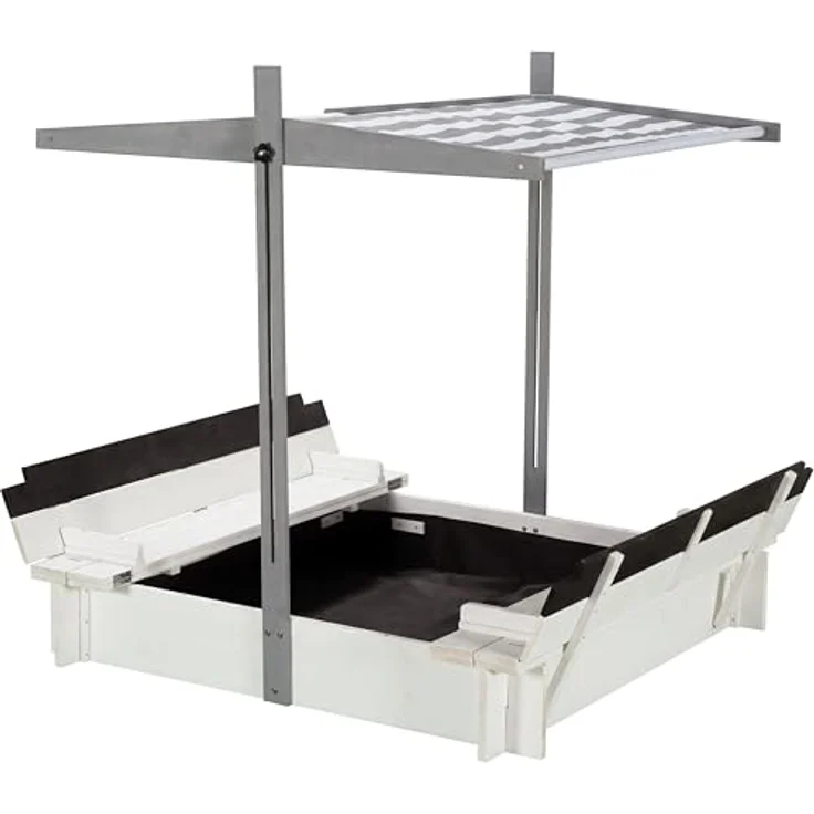 WONDERMAKE Sandkasten quadratisch 120x120 cm mit Abdeckung, Dach, Deckel, Sitzbank und Bodenbank, Holz, grau schwarz, UV-Schutz – Bild 1