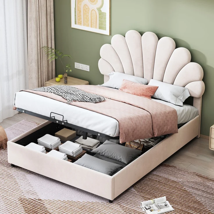Polsterbett 140x200 Samt mit Stauraum, hydraulisch, Blumen-Kopfteil, Doppelbett modern weich,Beige – Bild 2