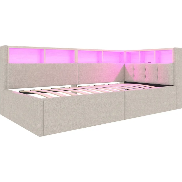 Stauraumbett mit LED-Beleuchtung, Lattenrost, Stauraum, Regal, USB und Type-C Anschlüssen, 90x200cm, Polsterbett, Einzelbett, Schlafsofa, Leinen – Bild 10