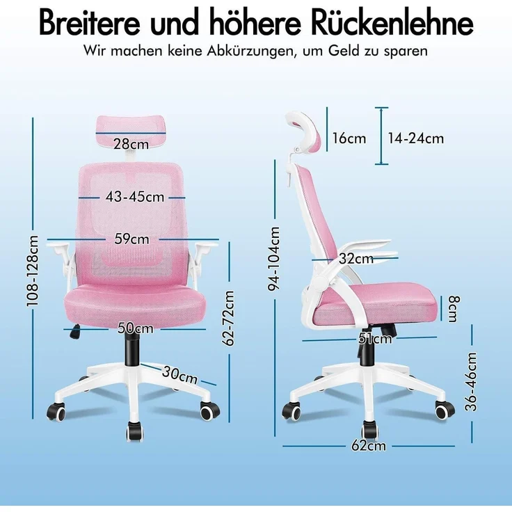 ALFORDSON Bürostuhl Rosa Kopfstütze Lordosenstütze Mesh-Rückenlehne – Bild 2
