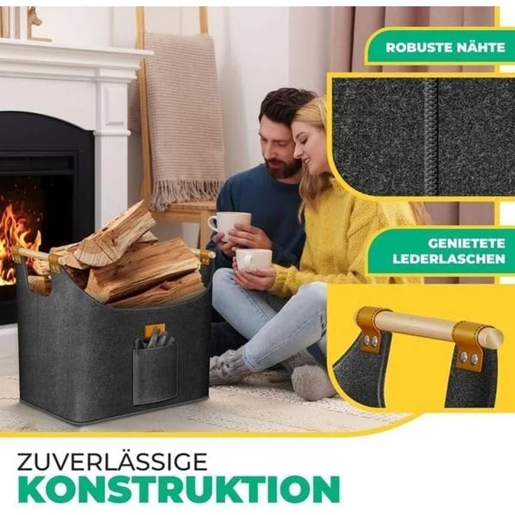 KESSER® Brennholzkorb | Kaminholztasche extra dicker Filz | Feuerholzkorb faltbar mit verstärkten Holzgriffen | Aufbewahrungskorb für Holz, Zeitung oder Brennholz | Inkl. Arbeitshandschuhen Anthrazit, 60 Liter – Bild 4