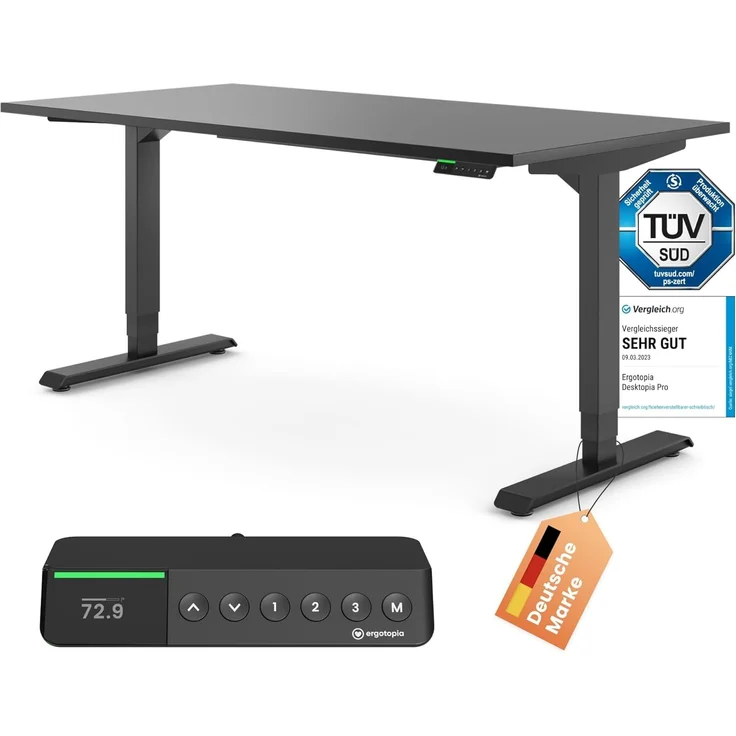 Desktopia Pro X - Elektrisch höhenverstellbarer Schreibtisch / Ergonomischer Tisch mit Memory-Funktion, Schwarz, Gestell Schwarz, 180x80 cm – Bild 1