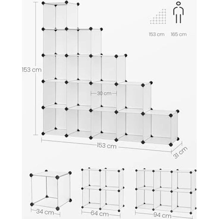 Songmics Schuhregal, Set aus 16 Würfeln, Regalsystem, DIY Würfelregal, stapelbar, aus PP-Kunststoff, als Garderobe, Raumteiler, für Schlafzimmer, Büro, 31 x 123 x 123 cm, weiß LPC44L – Bild 4