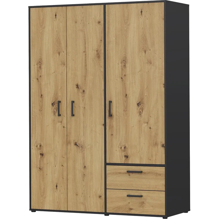 Forte MONISSA Kleiderschrank 140 150, moderner Drehtürenschrank, 3-türig, 2 Schubladen, Holzwerkstoff, Artisan Eiche Holzdekor|Schwarz, 144,4 cm breit x 200,1 cm hoch x 59 cm tief – Bild 8
