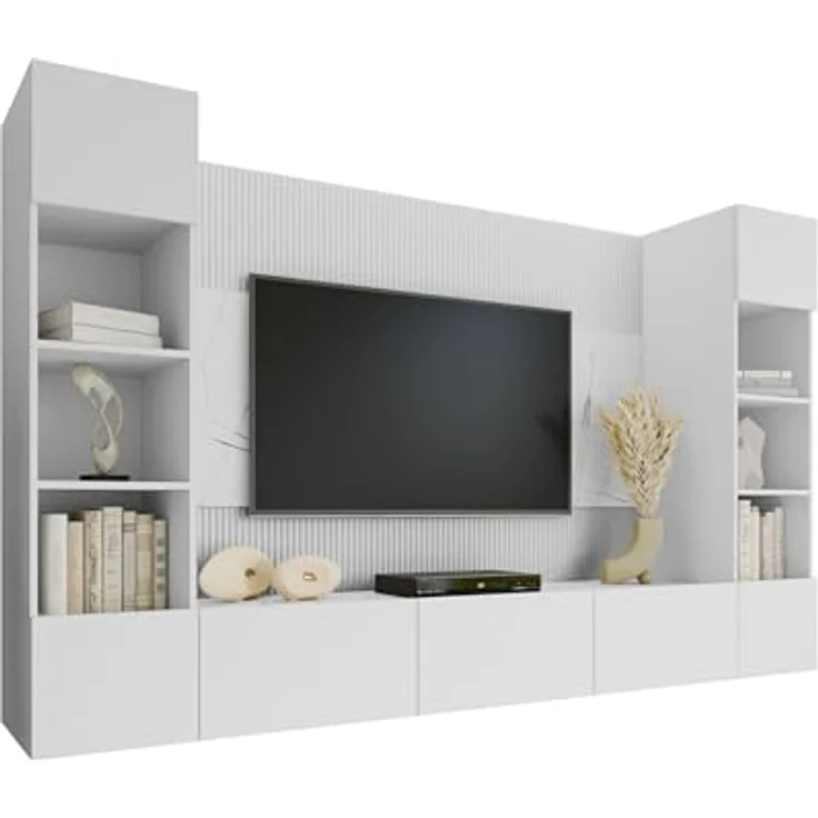 Mirjan24 Wohnwand, Weiß, Holzwerkstoff in Marmor Optik, 260x150x38 cm, griffloses Öffnungssystem, moderne Anbauwand – Bild 1