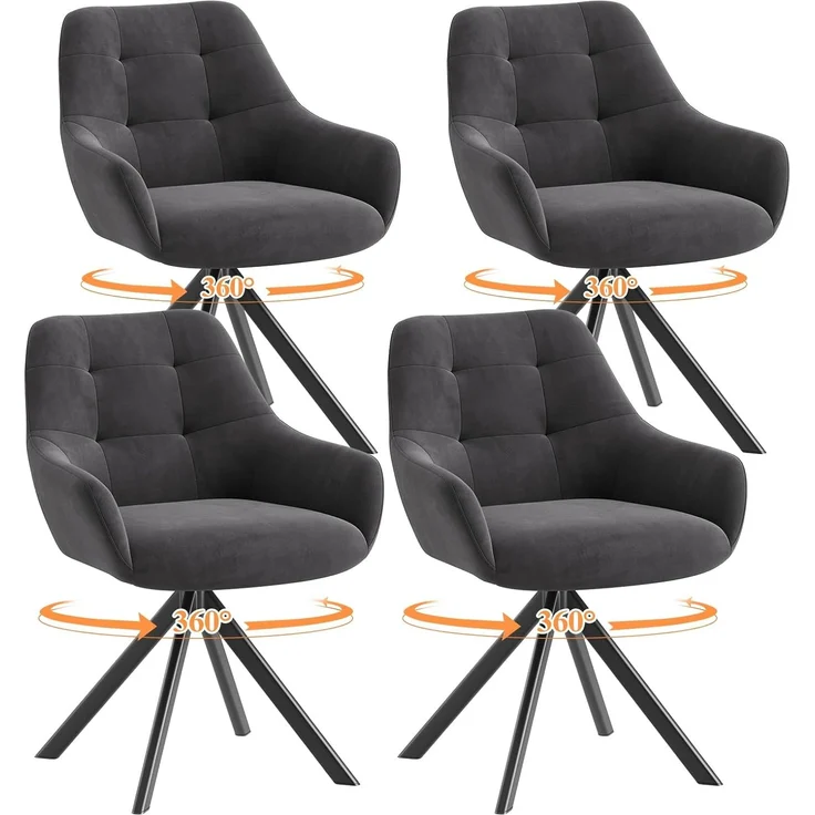 COLAMY Drehbare Esszimmerstühle 4er Set, Esszimmerstühle Drehbar mit Armlehne, Armlehnstuhl Drehbar mit Rückenlehne für Esszimmer, Stühle aus Weichem Florstoff mit Metallgestell für Küche, Grau – Bild 1