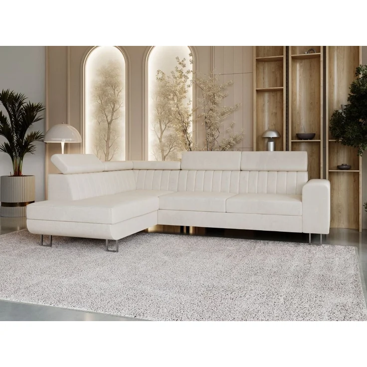 GRAINGOLD Ecksofa Berona, Couch L-Form mit Schlaffunktion, Bettkasten, Verstellbare Kopfstützen, Velour-Stoff, Beige, Links – Bild 3