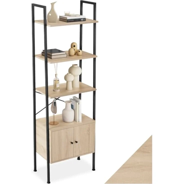 tectake Leiterregal Brentwood, Rechteckig in Natur, Holzwerkstoff mit Beton Optik, 34x173x57,5 cm, 4 Ebenen und 2 Schrankfächern – Bild 1