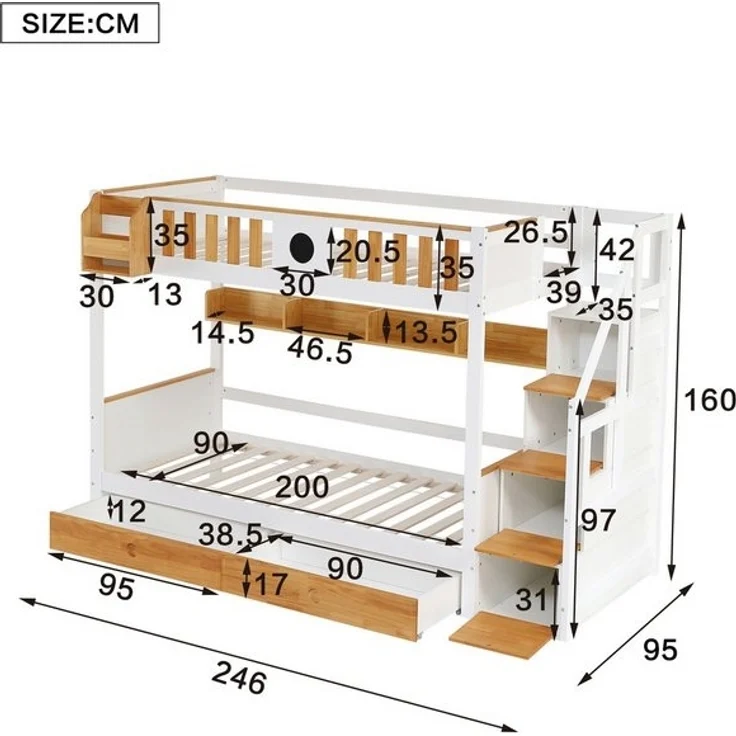 Flieks Etagenbett, Massivholz Kinderbett mit Stauraumtreppe und 2 Schubladen 90x200cm – Bild 4