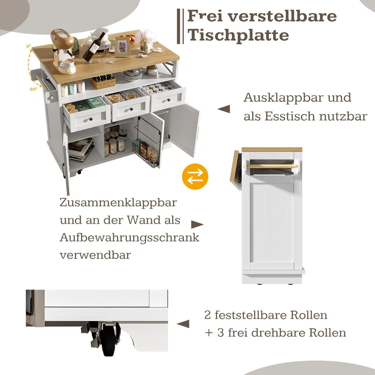 Kücheninsel 118x43-80x98 cm, weißer Küchenwagen mit klappbarer Holzoptik-Arbeitsplatte und Metallrahmen, 98cmx118cmx43-80cm – Bild 5