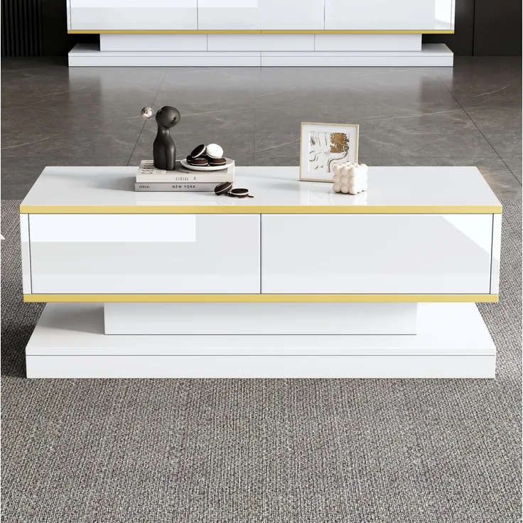 DESVIAE TV-Schrank- und Couchtisch-Set mit Schubladen 200x40x40 cm und 100x50x38 cm Spanplatte Warmweiß mit Goldrand
