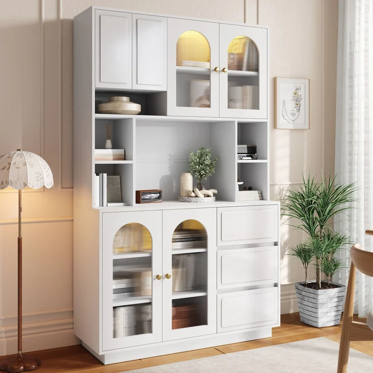 Hoher Sideboard Schrank, Küchen Staurschrank mit Bogen-Acryltüren, Bar-Schrank mit offenen Fächern, Schrank mit APP-gesteuerter farbverstellbarer LED-Beleuchtung,Wohnzimmer Vorratschrank--Weiß--106x30x175cm--YOUDENOVA – Bild 4
