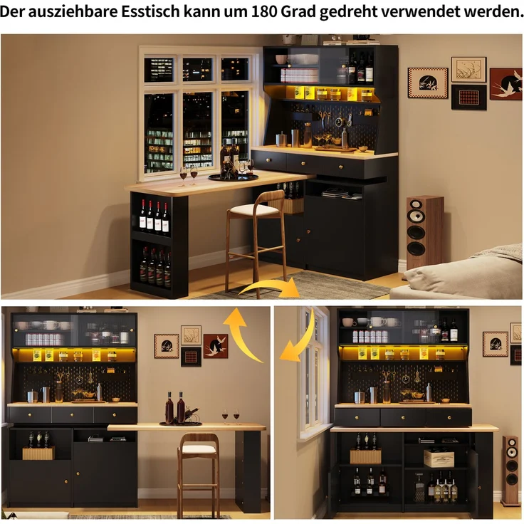 Hochschrank mit Schreibtisch, MDF und Glas, LED per App, USB-Anschluss, 137x74x177,7 cm, Schwarz – Bild 8