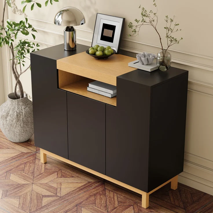 Merax Sideboard, Drei Türen, Geeignet für Wohn- und Esszimmer, Multifunktionales Aufbewahrungsmöbel, Schwarz – Bild 3