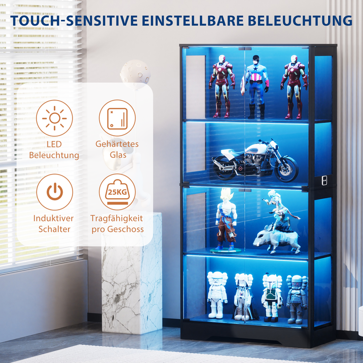 Vierstöckige Glasvitrine mit Stauraum, LED-Beleuchtung, Glastüren und intelligenten Sensoren, Als Glasvitrine für Wohnzimmer, Schlafzimmer und Büros geeignet, Schwarz--Schwarz--80x35x165cm--YOUDENOVA – Bild 10