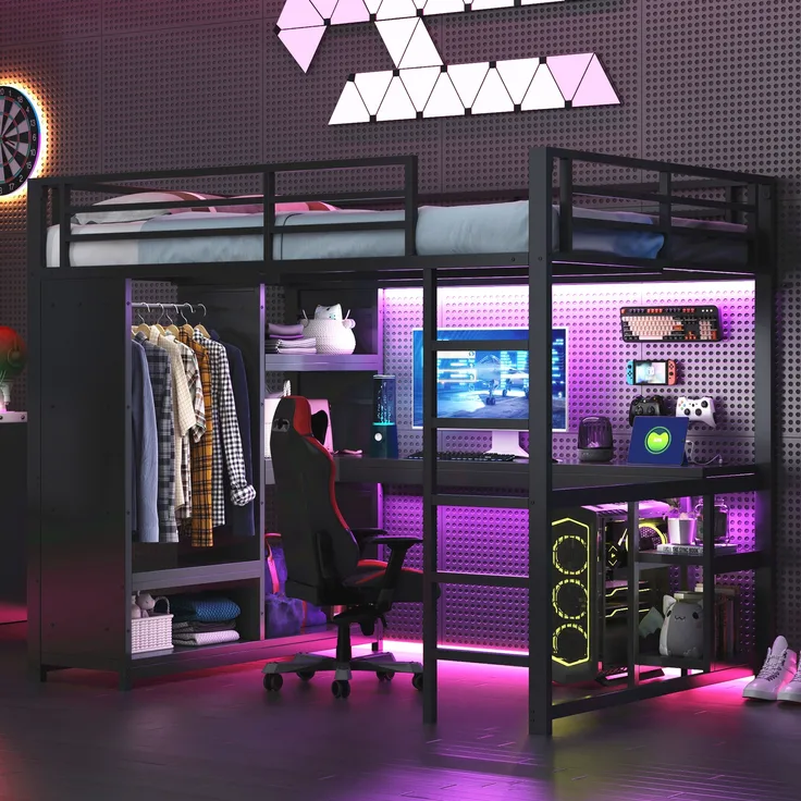 Metall-Gaming-Hochbett, 140x200, mit LED, Schreibtisch, offenem Kleiderschrank und Ablagefächern，Schwarz, 140 x 200 cm