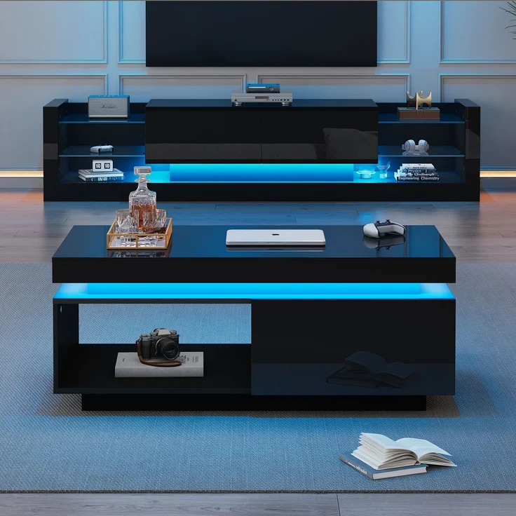 Merax TV-Wandschrank-Set, schwarzer TV-Schrank + schwarzer Couchtisch, schwarzer Hochglanz-Wandschrank, Wohnzimmerset, Hochglanz-Set mit LED-Leuchten – Bild 5