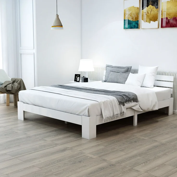 Holzbett Massivholz mit Lattenrost, 140x200 cm, Weiß, ohne Matratze – Bild 2