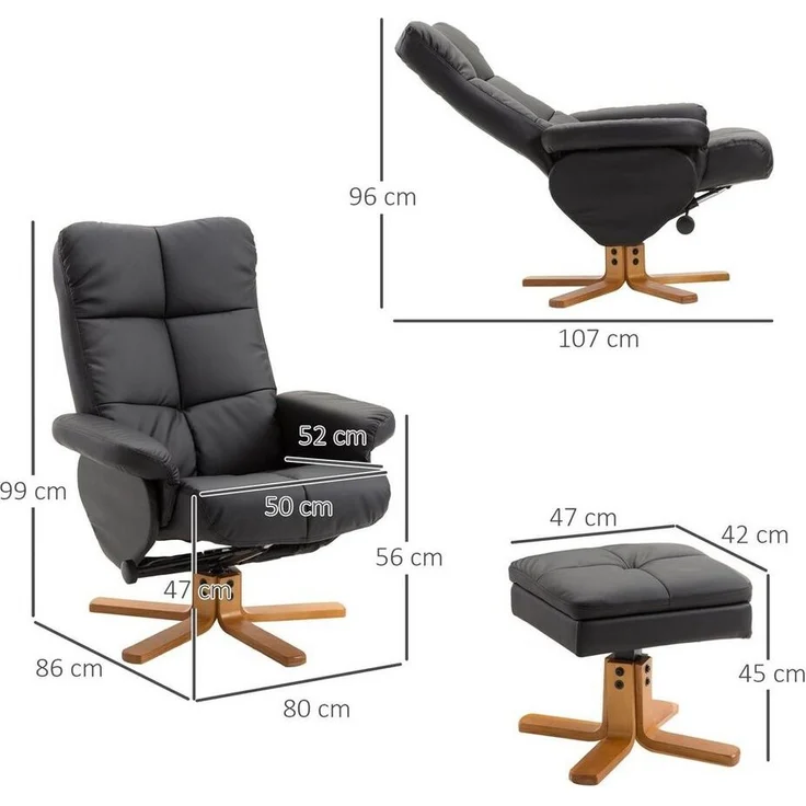 HOMCOM Polsterstuhl mit Hocker und Stauraum, Fernsehsessel mit Liegefunktion (Relaxsessel, 2 St), für Wohnzimmer, Schwarz – Bild 2