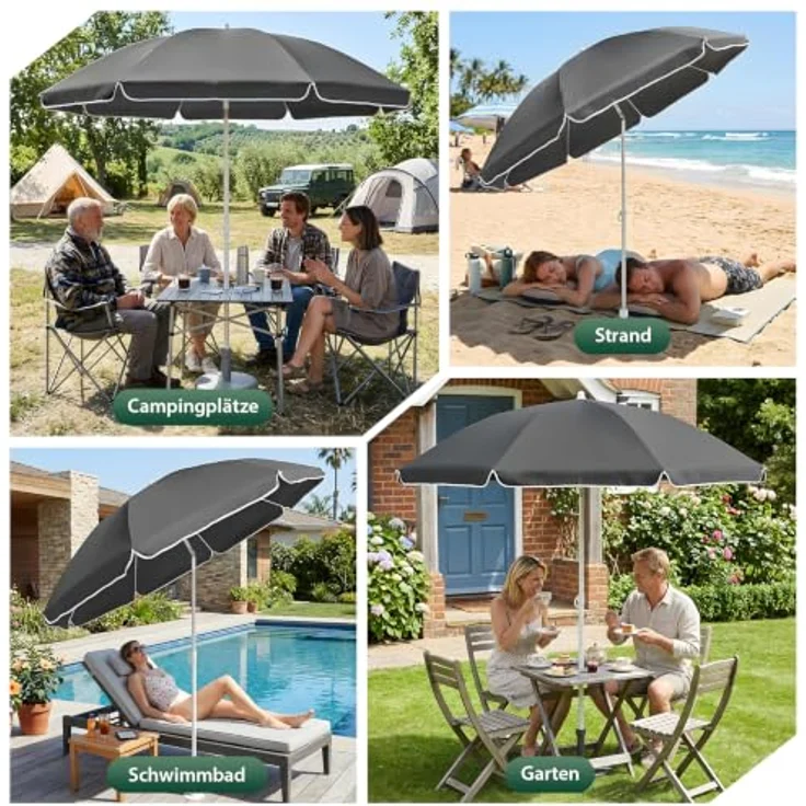 SUNULA Sonnenschirm 160 cm, knickbar und höhenverstellbar mit Bodenhülse & Schutzhülle, UV-Schutz 50+, weiß/silber – Bild 6