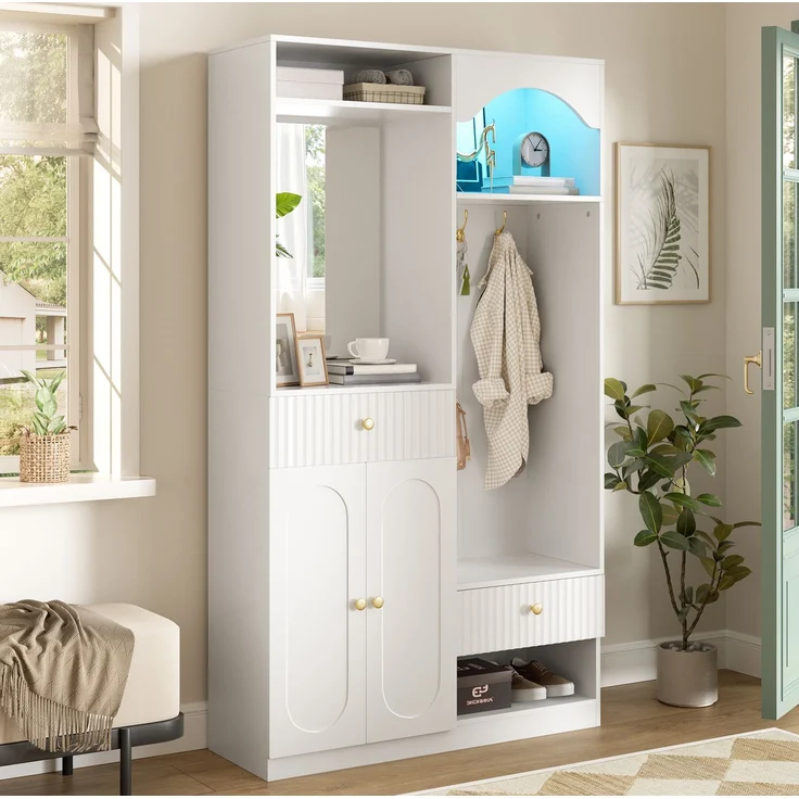 DESVIAE Garderobenschrank mit Sitzbank, Spiegel und LED-Beleuchtung 100x180x35 cm MDF Weiß – Bild 3