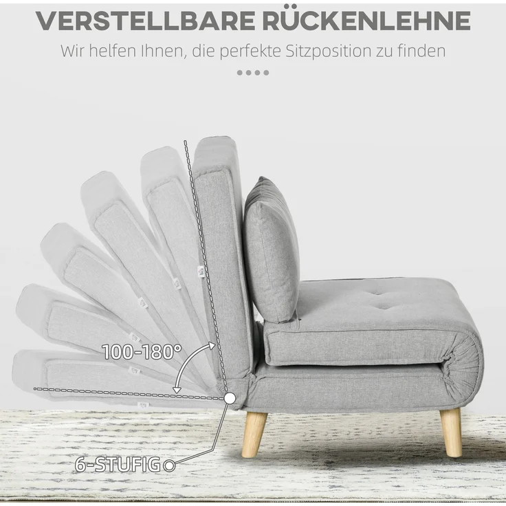 HOMCOM Relaxsessel mit Bettfunktion, verstellbare Rückenlehne, bis 150 kg Belastbar, Hellgrau, 72 x 78 x 79 cm – Bild 5