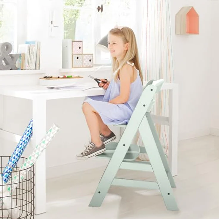 Hauck Kinder Hochstuhl Alpha+ - Mitwachsender Holz Babystuhl (FSC zertifiziert), Kinderhochstuhl ab 6 Monate, verstellbar, mit Schutzbügel, Schrittgurt und 5-Punkt-Gurt - Mint – Bild 2