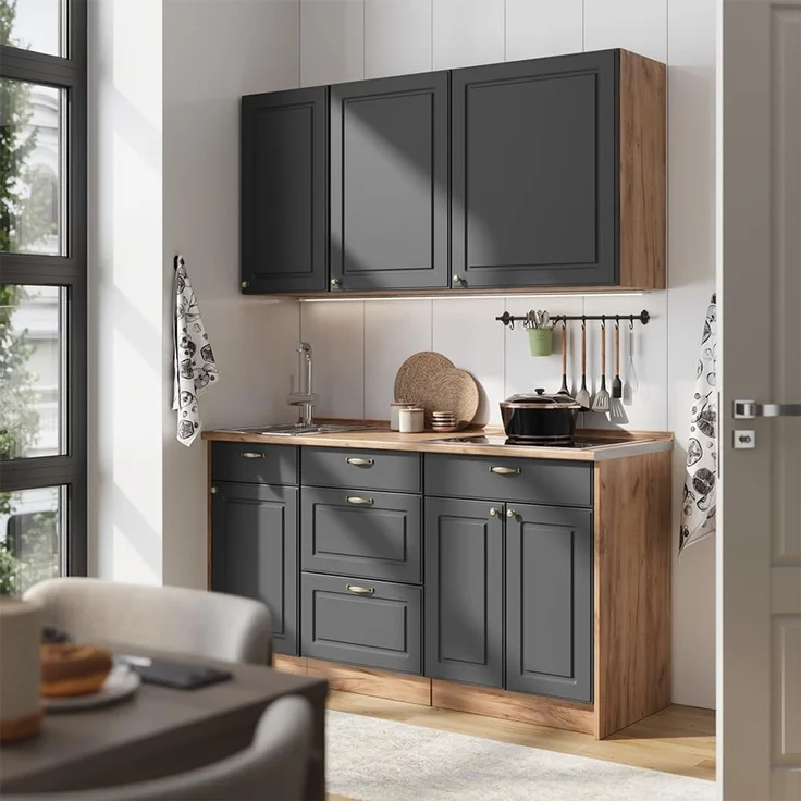 Singleküche Fame-Line Anthrazit-Gold Landhaus/Goldkraft Eiche 150 cm ohne Arbeitsplatte Vicco – Bild 2