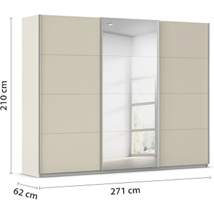 Rauch Möbel Kulmbach, Kleiderschrank mit Schwebetüren für Schlafzimmer, Kinderzimmer, Jugendzimmer, Garderobe, Flur, 3-türig, mit Spiegel, Zubehör Basic, Farbe Beige, Breite 271 cm – Bild 3