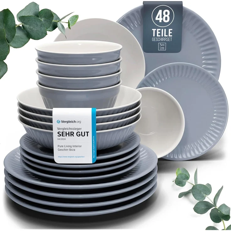 Steingut Geschirrset 12 Personen Hygge 48 tlg. TESTSIEGER, Traumhaftes Skandinavisches Steingut Geschirr Set, Schüssel- und Teller Set, Tafelservice 12 Personen, Geschirrsets Pure Living in Graublau