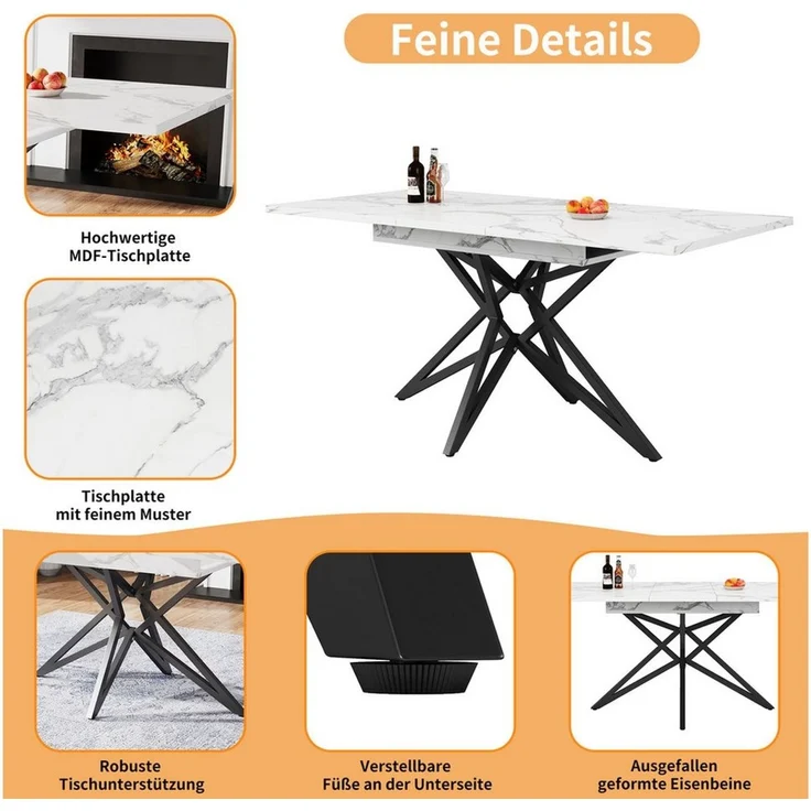 i@home Esstisch ausziehbarer Küchentisch, 120 (160) x 80 cm (1 Esstich), schwarze sternförmige Eisenbeine, Walnut/Weiß – Bild 2
